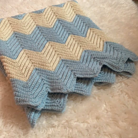Vintage Other - Vintage chevron crochet blanket blue cream throw couch lap baby